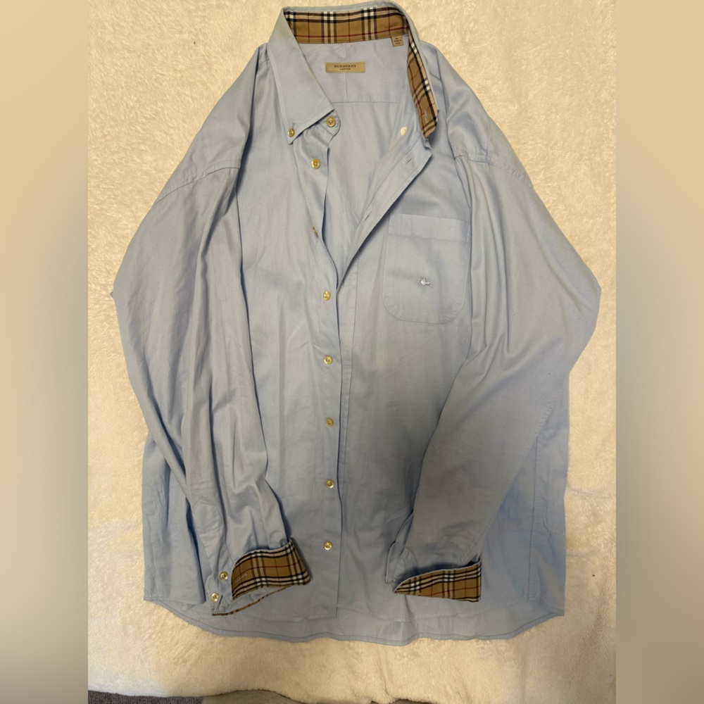 Burberry Sky Blue Shirt with Classic Plaid Trim